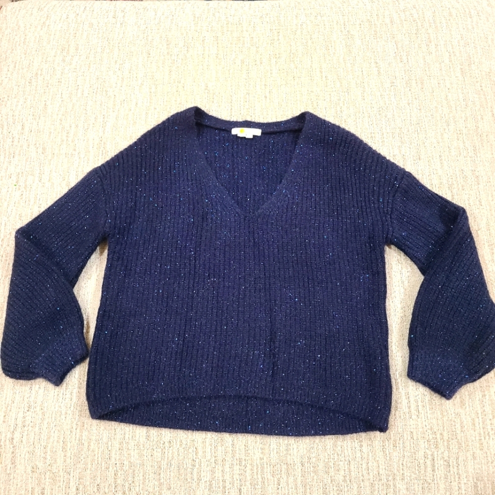 BODEN Womens Chunky Fluffy Size 2 V-Neck Sweater Metallic Wool Alpaca NavyOvers